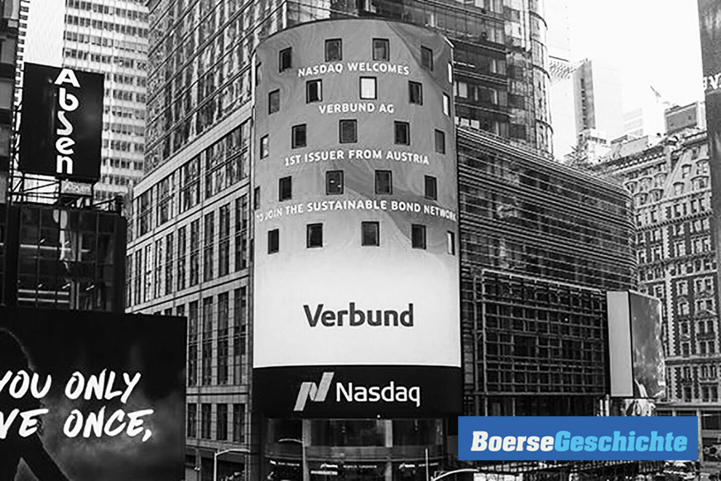 #boersegeschichte 2005: Verbund-Logo am Times Square in New York. Verbund als 1. Emittent aus Österreich, der im Nasdaq Sustainable Bond Network dabei war (Dank für das Foto an Edward Feltmann)