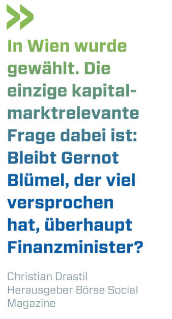 In Wien wurde gewählt. Die einzige kapitalmarktrelevante Frage dabei ist: Bleibt Gernot Blümel, der viel versprochen hat, überhaupt Finanzminister?
Christian Drastil, Herausgeber Börse Social Magazine  (29.10.2020) 