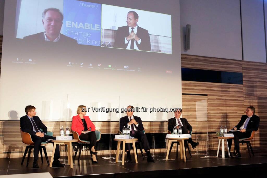 Makro Ausblick mit Gunter Deuber (RBI), Nico Baader (Baader Bank), Liane Hirner (VIG), Fritz Mostböck (Erste Group), Andreas Wosol (Amundi) und Harald Hagenauer (Österreichische Post), © CIRA/APA-Fotoservice/Bargad Fotograf/in: Nadine Bargad (02.11.2020) 