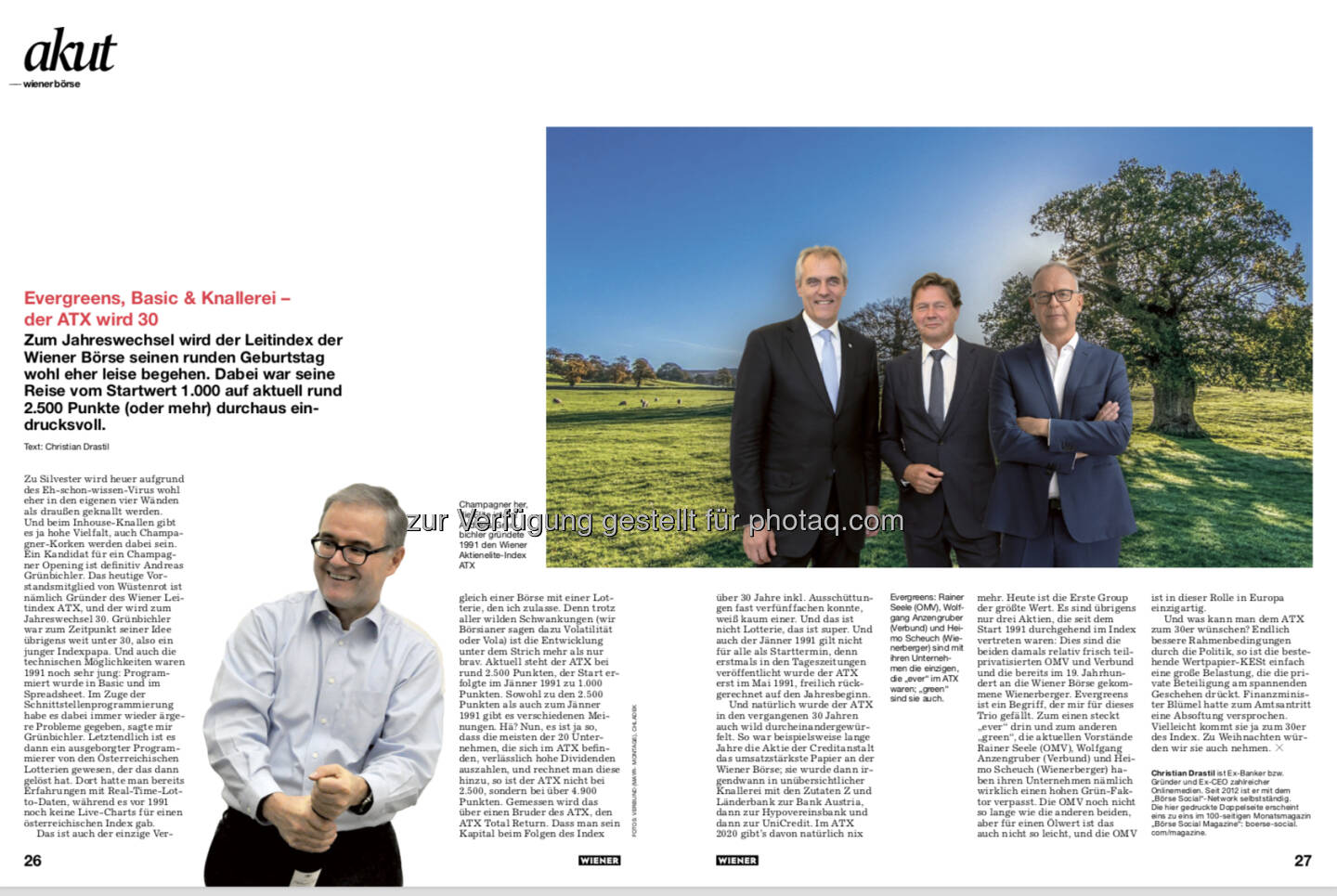 Doppelseite WIENER zum 30er des ATX. Mit Andreas Grünbichler, Rainer Seele, Wolfgang Anzengruber und Heimo Scheuch