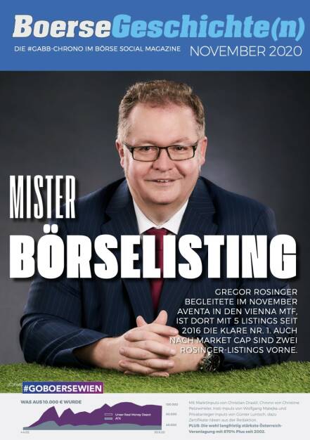 Börsegeschichte(n) November 2020 - Gregor Rosinger begleitete im November Aventa in den Vienna MTF, ist dort mit 5 Listings seit 2016 die klare Nr. 1. Auch nach Market Cap sind zwei Rosinger-Listings vorne. (14.12.2020) 