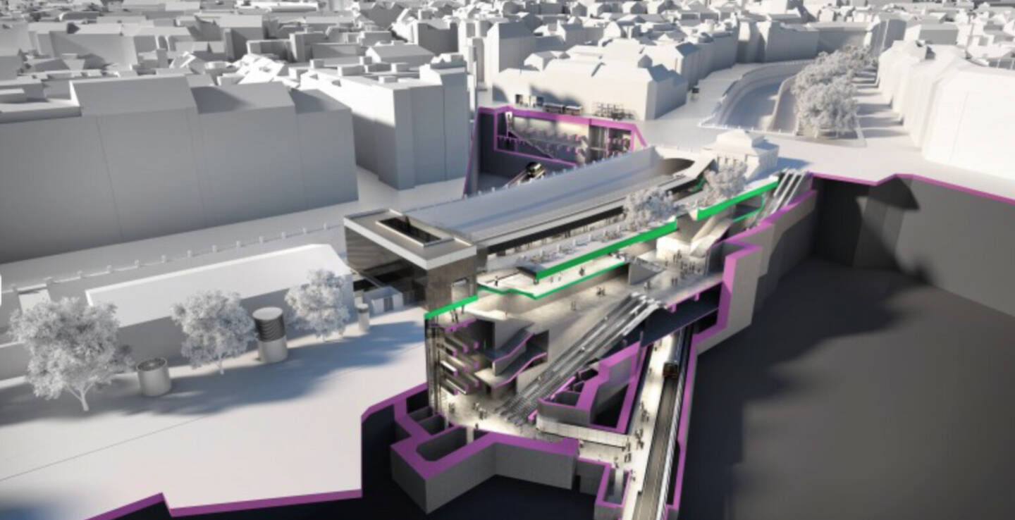 Porr und Strabag starten U-Bahn-Ausbau in Wien: Visualisierung der U2-Station Pilgramgasse Bildnachweis: Arch Mossburger (Datenquelle: Stadt Wien data.wien.gv.at)