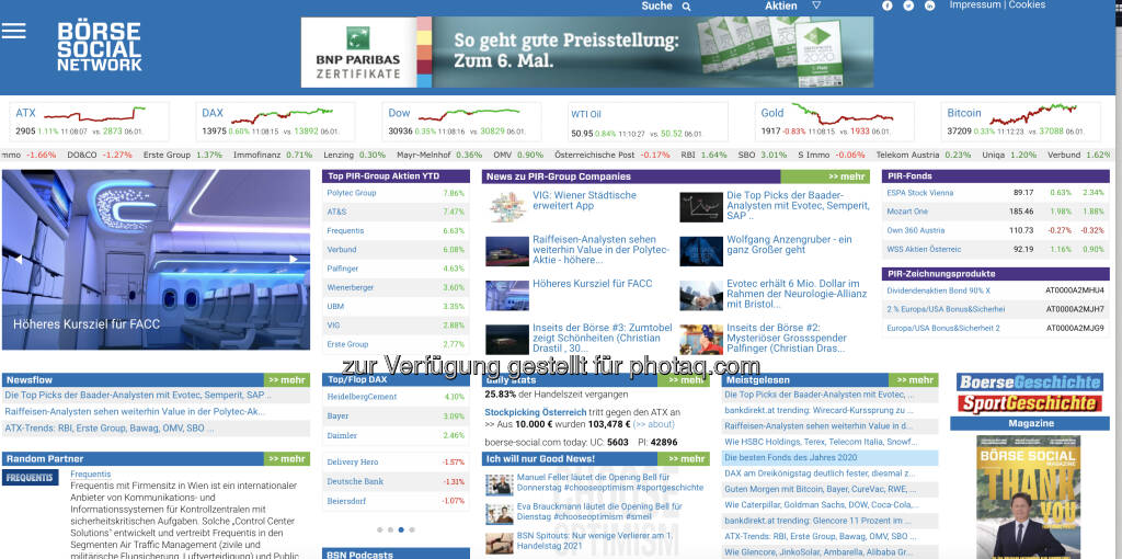 Die neue Ansicht der Homepage http://www.boerse-social.com mit der PIR Group im obersten Teil (07.01.2021) 