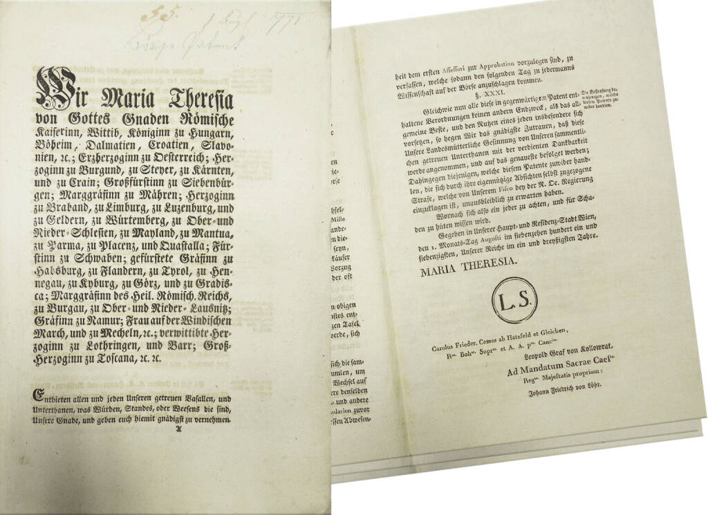 250 Jahre Wiener Börse: Wiener Börsepatent von 1771. Quelle: Österr. Staatsarchiv (14.01.2021) 