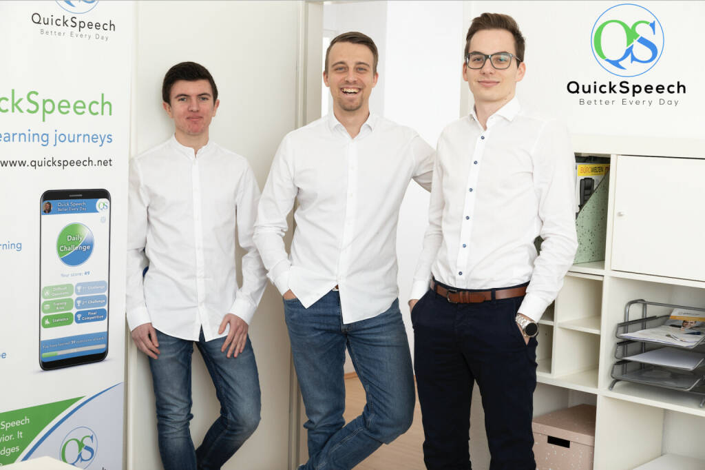 Porr sichert sich Beteiligung am Lerntechnologie Start-up QuickSpeech: Das QuickSpeech Kernteam bestehend aus Lukas Snizek (mittig), Christian Woltran (links) sowie Patrick Riemer (rechts) © Stefan Huber (18.01.2021) 