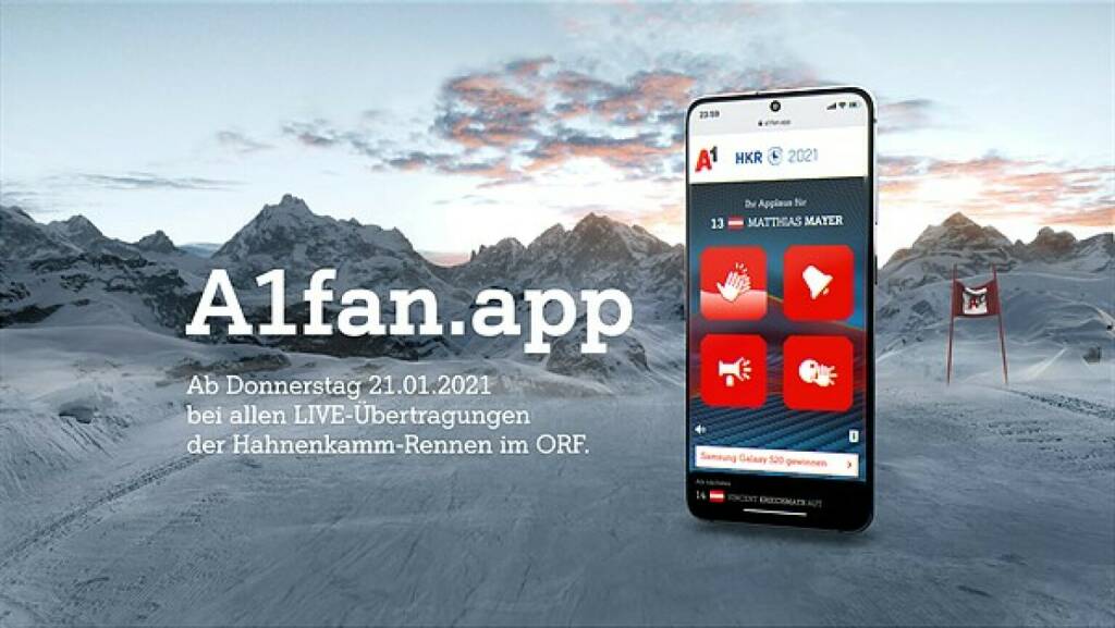 Mit der A1fan.app können die Fans und Zuschauer*innen in diesem Jahr von zuhause ihre virtuellen Jubelgesänge bei den Hahnenkamm-Rennen direkt nach Kitzbühel und ins TV-Signal des ORF bringen. Credit: A1 Telekom Austria, © Aussender (20.01.2021) 