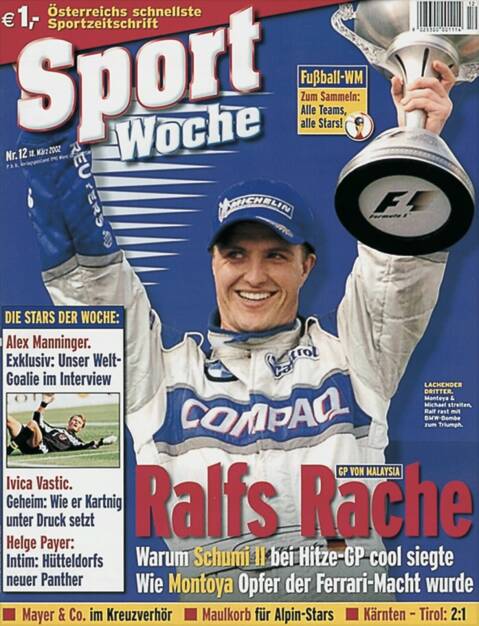 Sportwoche Nr 12, 18. März 2002: #sportgeschichte #sportwoche #18032002 @ralfschumacher_rsc @alexmanninger @ivo_fussballschule @helgepayer @oefb_1904 #formula1 http://www.sportgeschichte.at https://www.instagram.com/sportgeschichte.at/ (17.03.2021) 