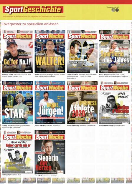 Sport Woche-Coverposter neu zu aktuellen Anlässen: Bisher mit Dominic Thiem, Walter, Lewis Hamilton, Ivona Dadiv, Andrej Rublev, Jürgen Melzer, Dietmar Millonig, Vincent Kriechmayr, Ted Ligety und Sara Marita Kramer (30.03.2021) 