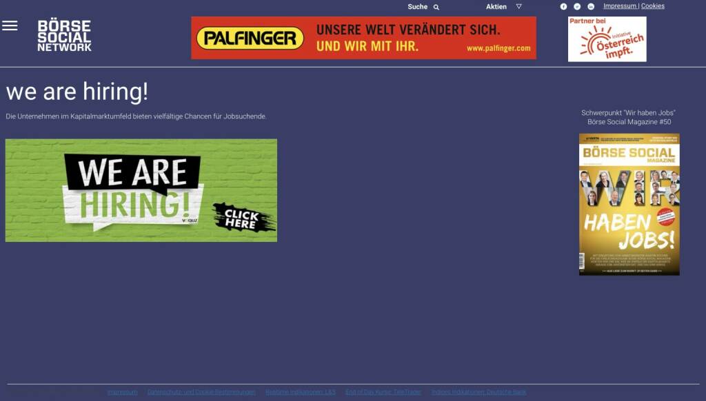 we are hiring! Die Unternehmen im Kapitalmarktumfeld bieten vielfältige Chancen für Jobsuchende - http://boerse-social.com/wearehiring (07.04.2021)