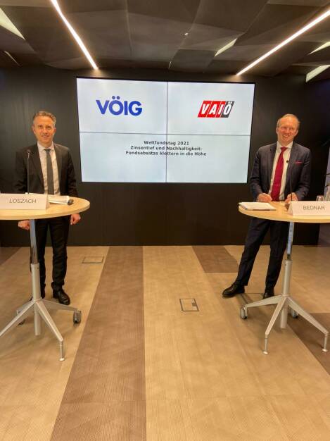 Weltfondstag: Thomas Loszach, Vorstand Vereinigung ausländischer Investmentgesellschaften in Österreich; Heinz Bednar, Präsident der Österreichischen Investmentgesellschaften (VÖIG) Credit: beigestellt (19.04.2021) 