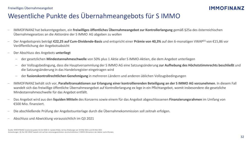 Immofinanz - Wesentliche Punkt des Übernahmeangebots für S Immo (09.05.2021) 
