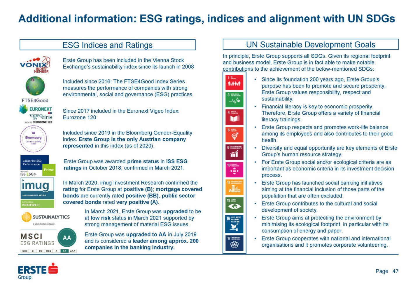 Erste Group - Additional information: ESG ratings, indices and alignment with UN SDGs