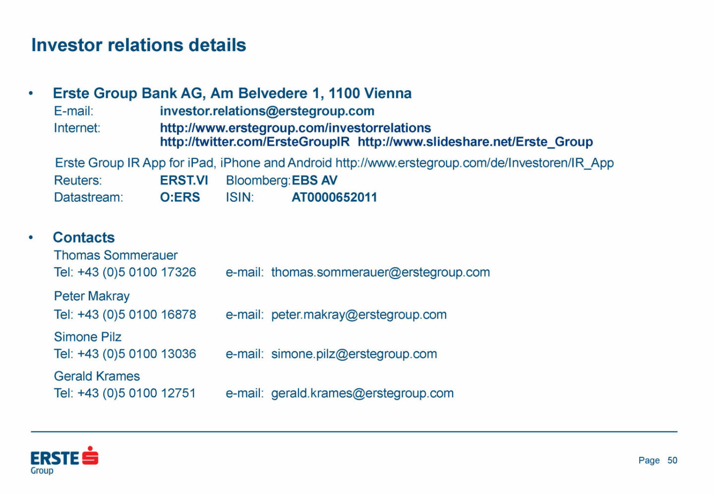 Erste Group - Investor relations details