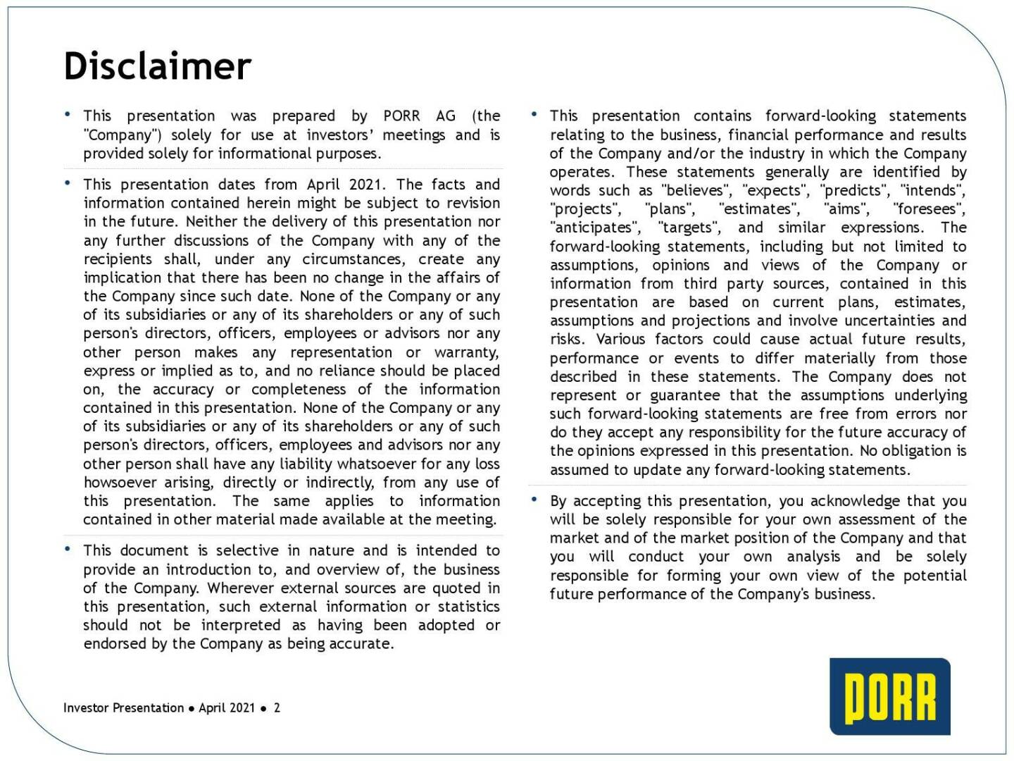 Porr - Disclaimer