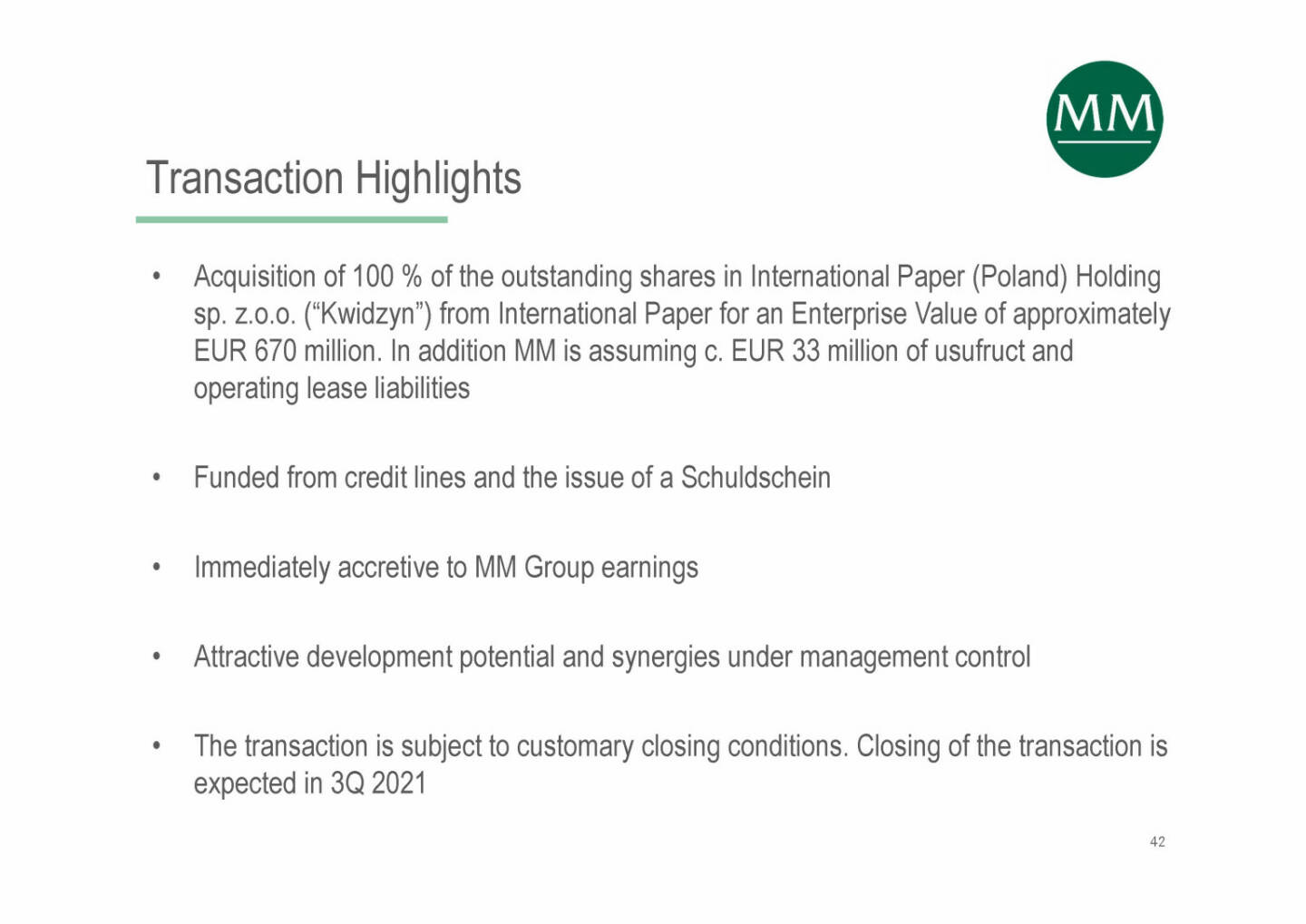 Mayr-Melnhof - Transaction Highlights