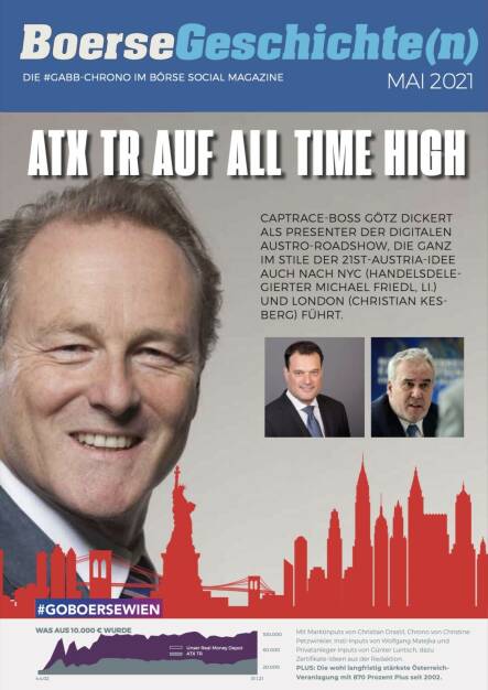 ATX TR auf All time High - Captrace-Boss Götz Dickert als Presenter der digitalen Austro-Roadshow, die ganz
im Stile der 21st-Austria-Idee auch nach NYC (Handelsdelegierter Michael Friedl, li.) und London (Christian Kesberg) führt. (13.06.2021) 