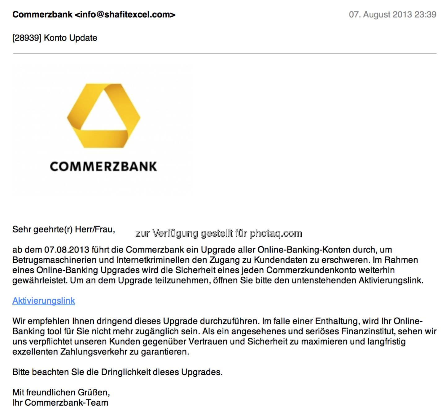 Commerzbank als Spam-Opfer mit interessanter Absender-Adresse