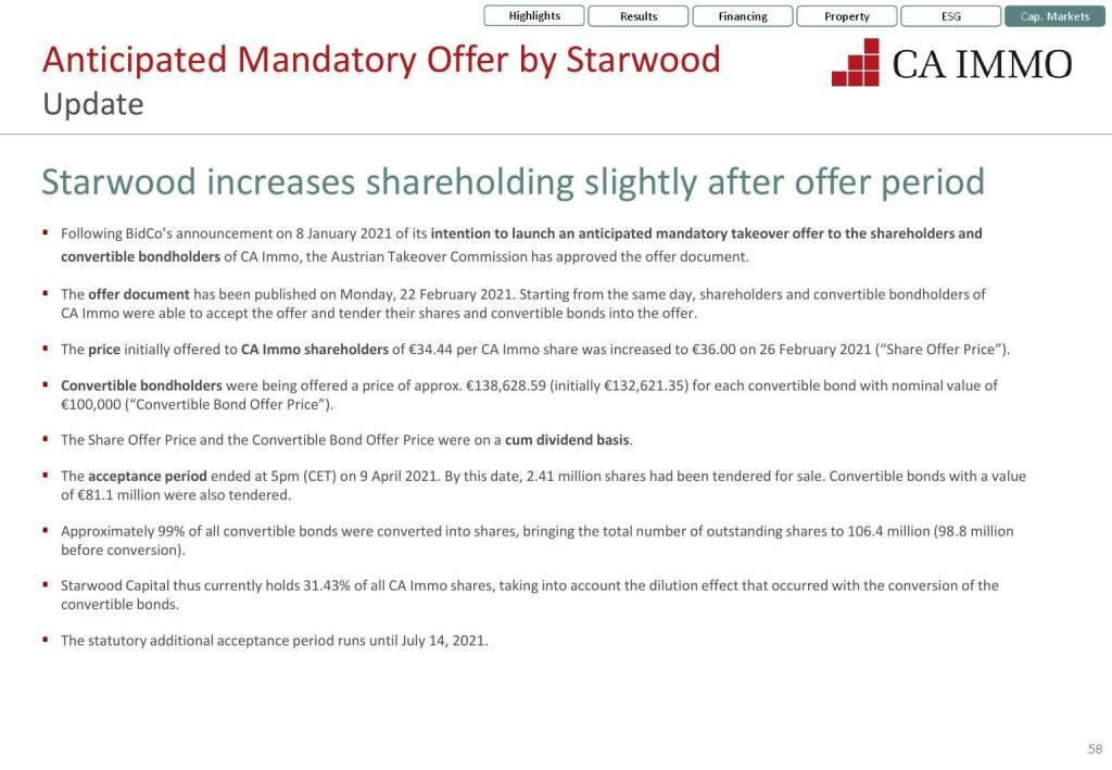 CA Immo - Anticipated Mandatory Offer by Starwood, Update (12.07.2021) 