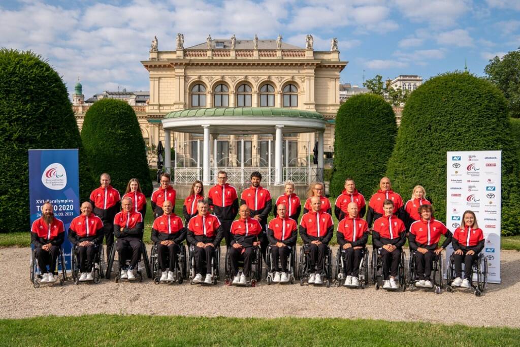 PARALYMPICS - OEPC, Paralympic Summer Games Tokyo 2020, team photo. Image shows first row from left to right: Thomas Geierspichler, Walter Ablinger, Martin Legner, Thomas Flax, Josef Riegler, Ernst Bachmaier, Thomas Fruehwirth, Florian Brungraber, Alexander Gritsch, Andreas Ernhofer, Nicolas Langmann and Elisabeth Egger (AUT). Second row from left to right: Bernd Brugger, Valentina Strobl, Andreas Onea, Julia Sciancalepore, Guenther Matzinger, Markus Mendy Swoboda, Yvonne Marzinke, Janina Falk, Krisztian Gardos, Bil Marinkovic and Natalija Eder (AUT). Photo: GEPA pictures/ Johannes Friedl, © Aussendung (23.07.2021) 