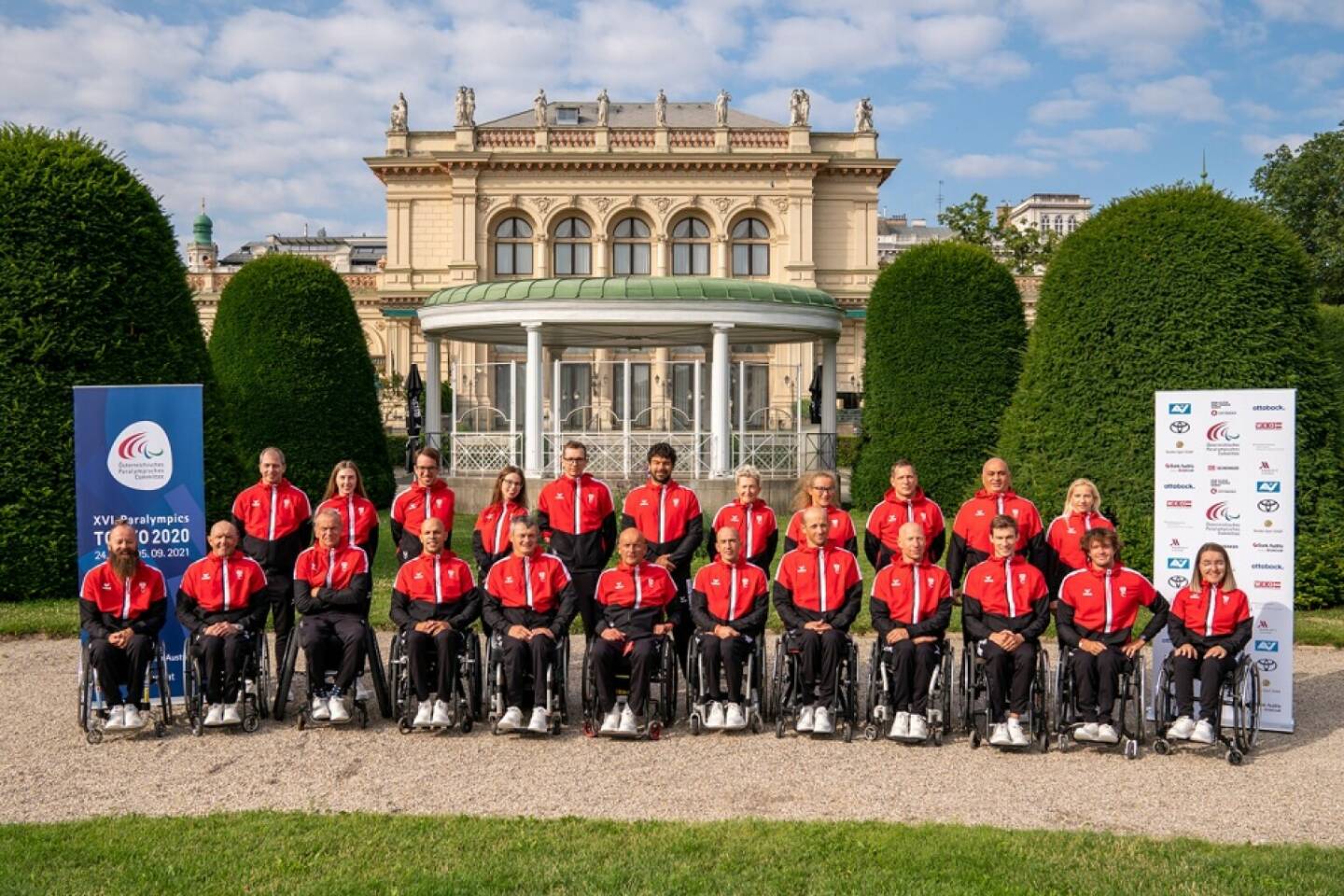 PARALYMPICS - OEPC, Paralympic Summer Games Tokyo 2020, team photo. Image shows first row from left to right: Thomas Geierspichler, Walter Ablinger, Martin Legner, Thomas Flax, Josef Riegler, Ernst Bachmaier, Thomas Fruehwirth, Florian Brungraber, Alexander Gritsch, Andreas Ernhofer, Nicolas Langmann and Elisabeth Egger (AUT). Second row from left to right: Bernd Brugger, Valentina Strobl, Andreas Onea, Julia Sciancalepore, Guenther Matzinger, Markus Mendy Swoboda, Yvonne Marzinke, Janina Falk, Krisztian Gardos, Bil Marinkovic and Natalija Eder (AUT). Photo: GEPA pictures/ Johannes Friedl