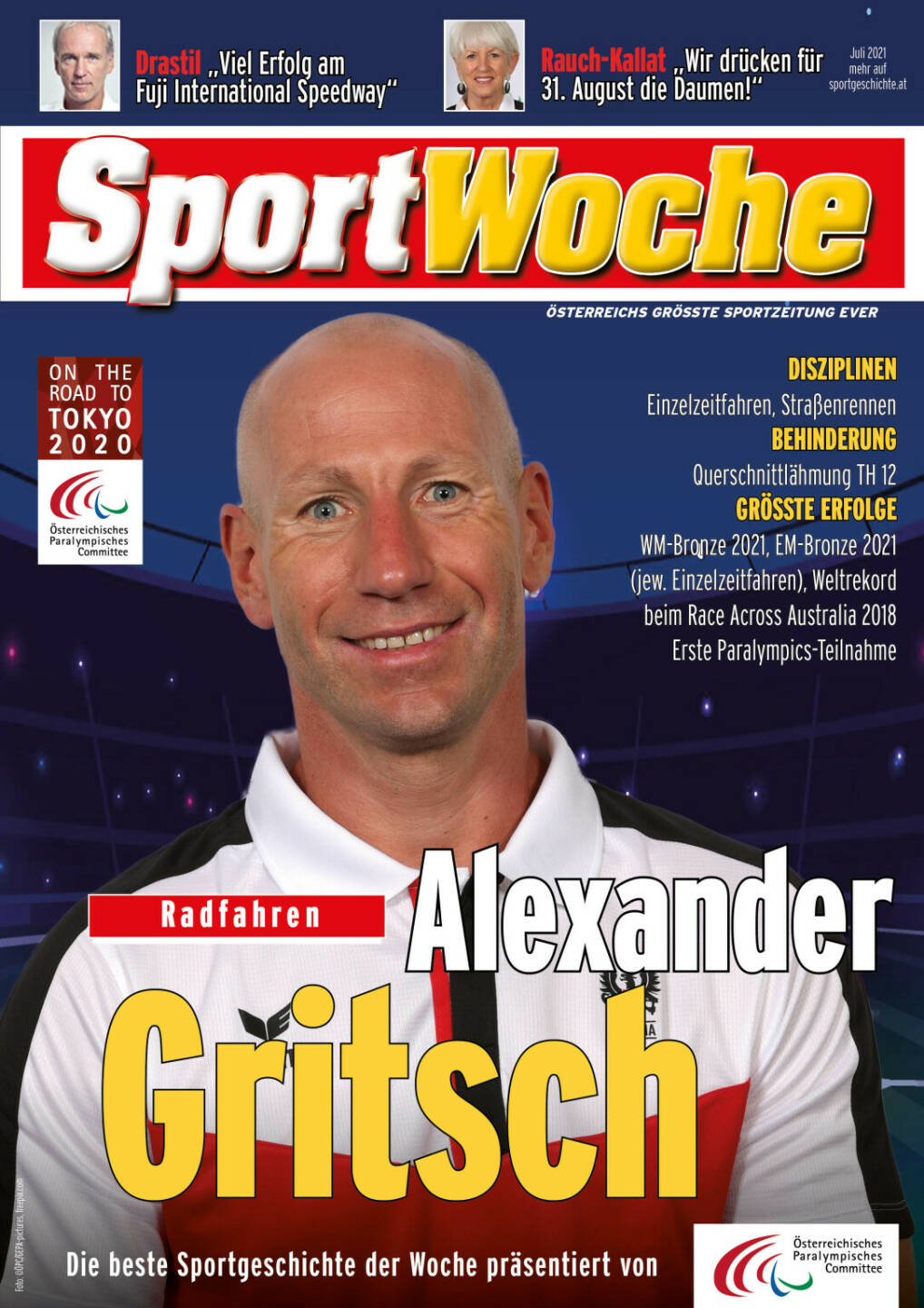 Alexander Gritsch - Disziplinen Einzelzeitfahren, Straßenrennen, Behinderung Querschnittlähmung TH 12, Größte Erfolge WM-Bronze 2021, EM-Bronze 2021 (jew. Einzelzeitfahren), Weltrekord beim Race Across Australia 2018, Erste Paralympics-Teilnahme