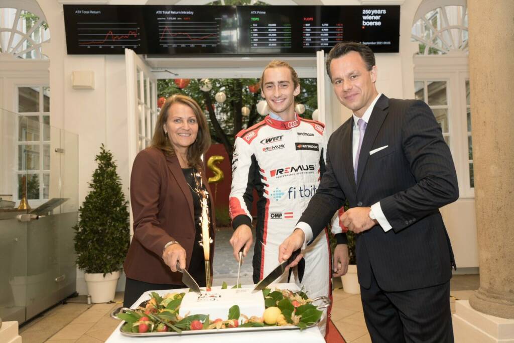 250 Jahre Wiener Börse: Andrea Herrmann (CFO Wiener Börse),  Ferdinand Habsburg-Lothringen, Christoph Boschan (CEO Wiener Börse); Credit: Wiener Börse (02.09.2021)