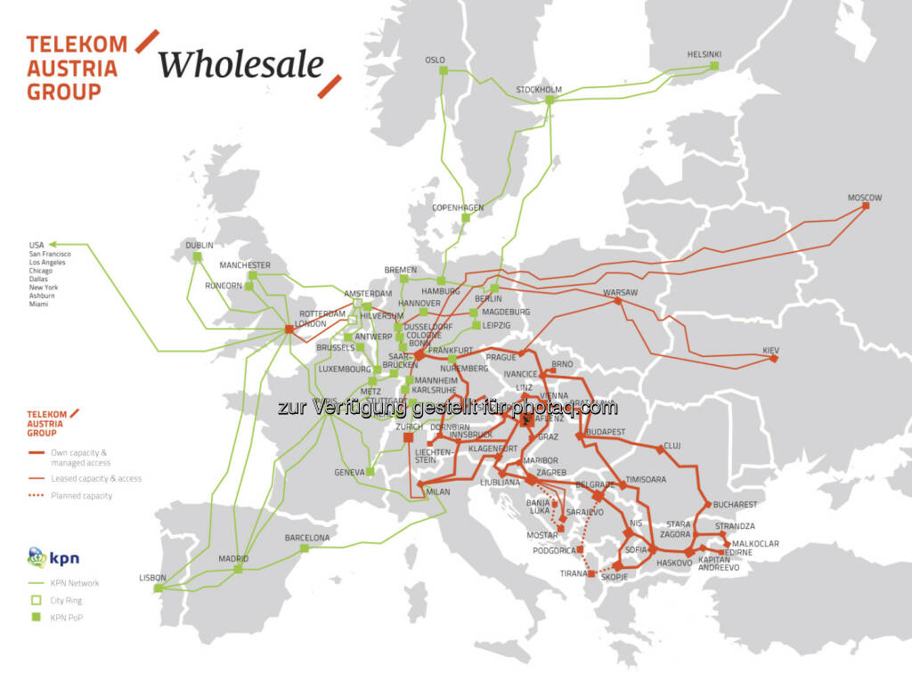 Telekom Austria Group und KPN International: Wholesale Partnerschaft bildet eines der größten Glasfasernetze Europas - gemeinsamer Footprint mehr als verdoppelt: 173 Points of Presence (PoP) in 35 Ländern (c) Telekom Austria (13.08.2013) 