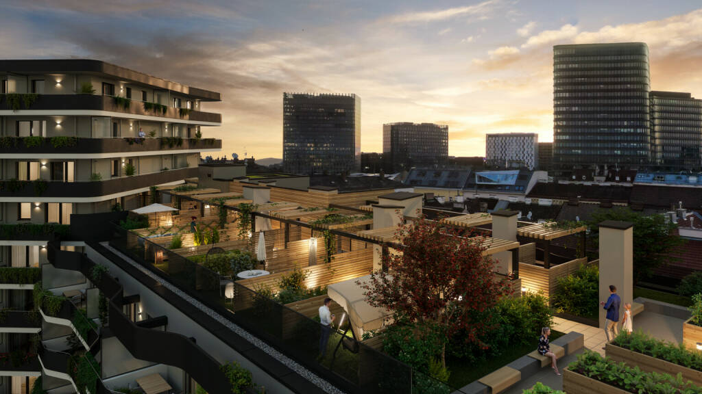 Buwog baut: „Deck10“ bietet u.a. ein Co-Working-Space und eine Dachterrasse mit Yoga-Bereich, Fitness-Zone, Urban-Gardening-Flächen und Photovoltaikanlage. 
Fotocredit: © BKK3 (22.11.2021) 