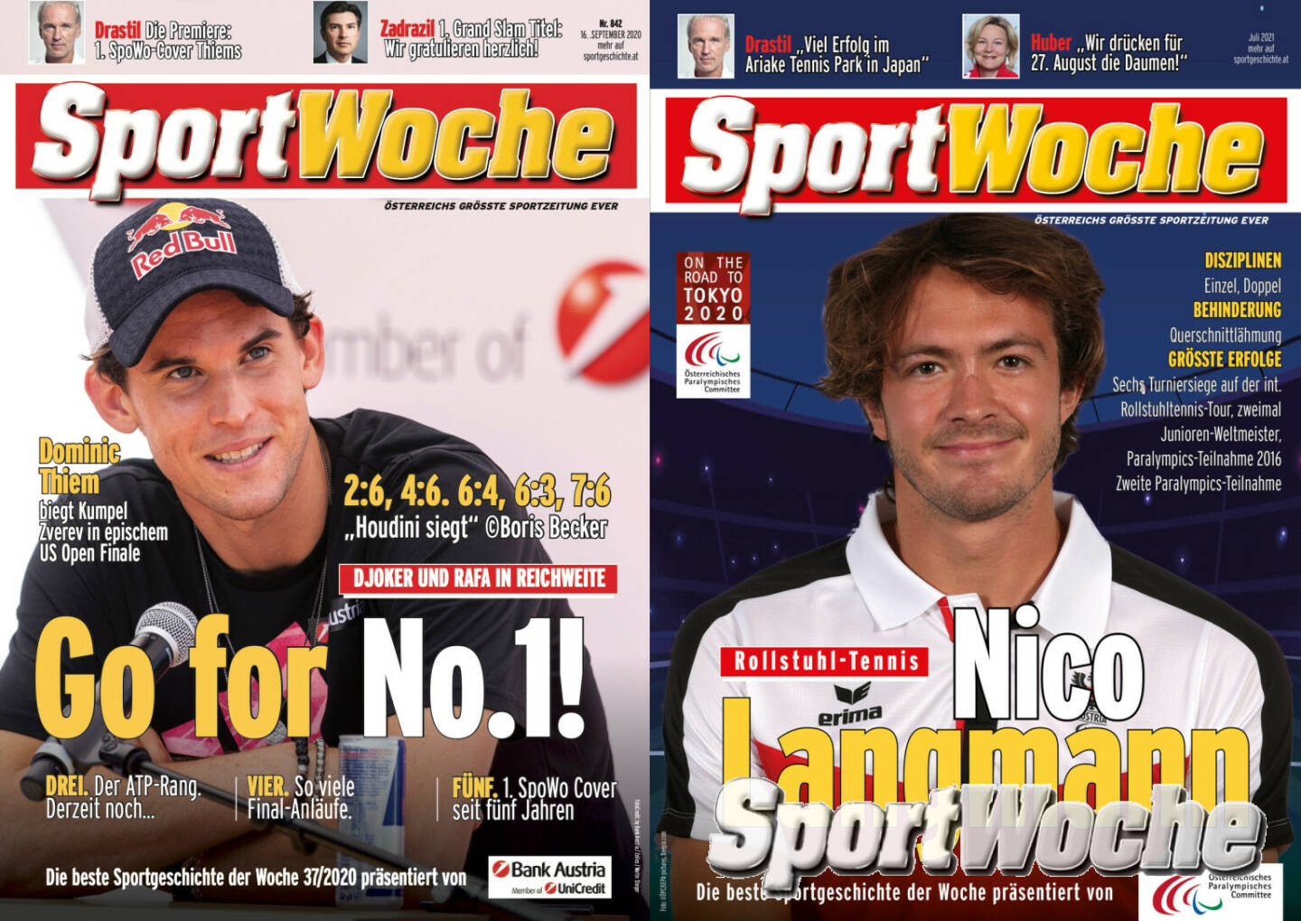 24.08.2021: #sportgeschichte: 2x http://www.sportgeschichte.at/cover . @domithiem war der 1. in unserer Serie, den @atptour titel bei den @usopen wird er verletzungsbedingt nicht verteidigen können, beim go for No.1 bleiben wir aber. In der Zwischenzeit Fokus auf Kumpel und Trainingspartner @nico_langmann @austrian_paralympic_committee. Viel Erfolg in Tokyo! 