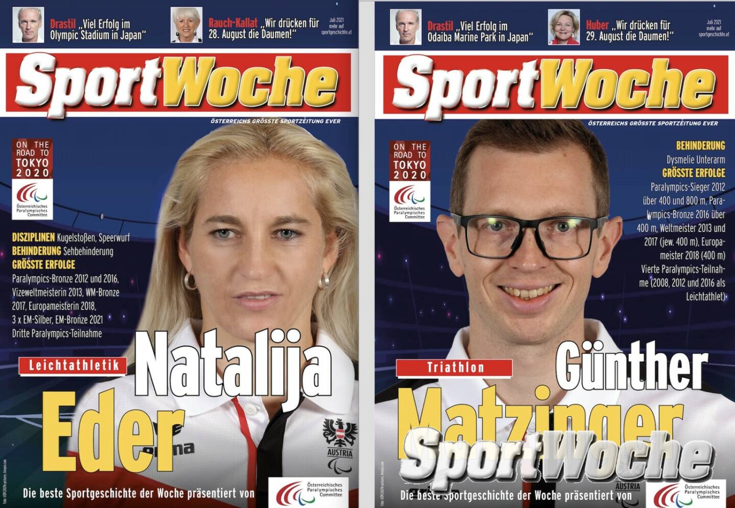 24.08.2021: #sportgeschichte: @natalijaeder und @guenthermatzinger sind sich einig:„ Ein Höhepunkt in unserer Karriere“. Die Speerwerferin und der Triathlet werden bei der Eröffnungsfeier der @paralympics in @tokyo2020 heute Abend die rot-weiß-rote Fahne tragen und das @austrian_paralympic_committee Team ins Kasumigaoka National Stadion führen. 