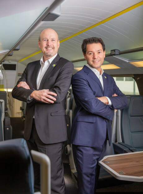 Ab dem 1. März 2022 werden Thomas Posch und Florian Kazalek als Vorstände die Rail Holding AG sowie als Geschäftsführer die WESTbahn Management GmbH leiten. Fotocredit: WESTbahn Management GmbH (23.12.2021) 