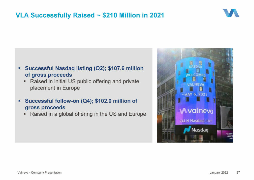 Valneva - VLA Successfully Raised ~ $210 Million in 2021 (18.01.2022) 