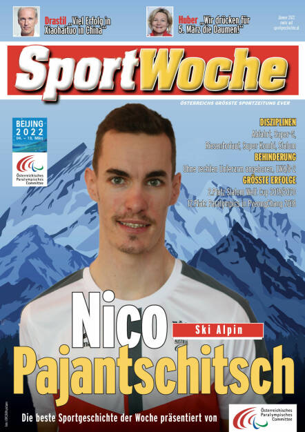 Nico Pajantschitsch - Disziplinen Abfahrt, Super-G, Riesentorlauf, Super Kombi, Slalom, Behinderung: Ohne rechten Unterarm angeboren, LW6/8-2, Größte Erfolge 2.Platz Slalom Welt Cup 2019/2020, 12. Platz Paralympics in PyeongChang 2018 (18.02.2022) 