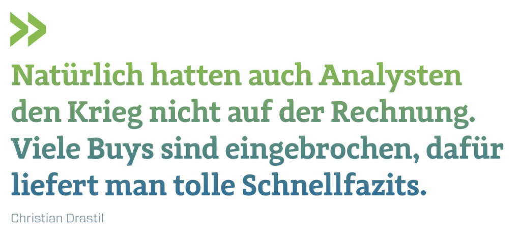 Natürlich hatten auch Analysten den Krieg nicht auf der Rechnung. Viele Buys sind eingebrochen, dafür liefert man tolle Schnellfazits.
Christian Drastil (21.03.2022)