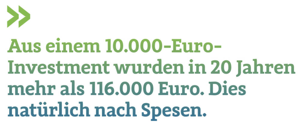 Aus einem 10.000-Euro-Investment wurden in 20 Jahren mehr als 116.000 Euro. Dies natürlich nach Spesen.
Christian Drastil (21.04.2022) 