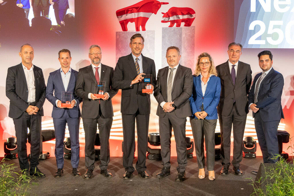 Wiener Börse Preis 2022: ATX-Preis: Hanke, Merl (Wienerberger), Florey (OMV), Schneider, Reischl (AT&S), Goje (OMV), Mostböck (ÖVFA), Alexandru (OMV) Credit: Wiener Börse, © Aussendung (15.06.2022) 