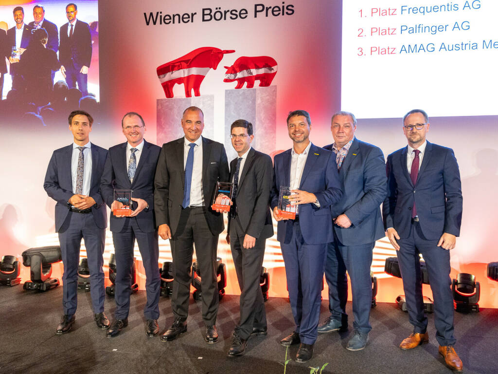 Wiener Börse Preis 2022 - Mid Cap-Preis: Gabriel, Mayer (AMAG), Haslacher, Marin (Frequentis), Strohbichler, Roither (Palfinger), Maxian (ÖVFA), Credit: Wiener Börse (15.06.2022) 