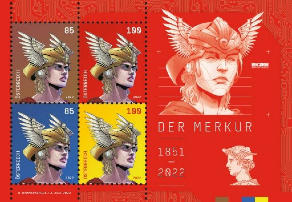 Post baut NFT-Universum: Crypto stamp art ermöglicht digitales Sammeln, hier das Sujet des neuen Merkur-Sonderbriefmarkenblocks. Credit: Österreichische Post, © Aussender (04.07.2022) 