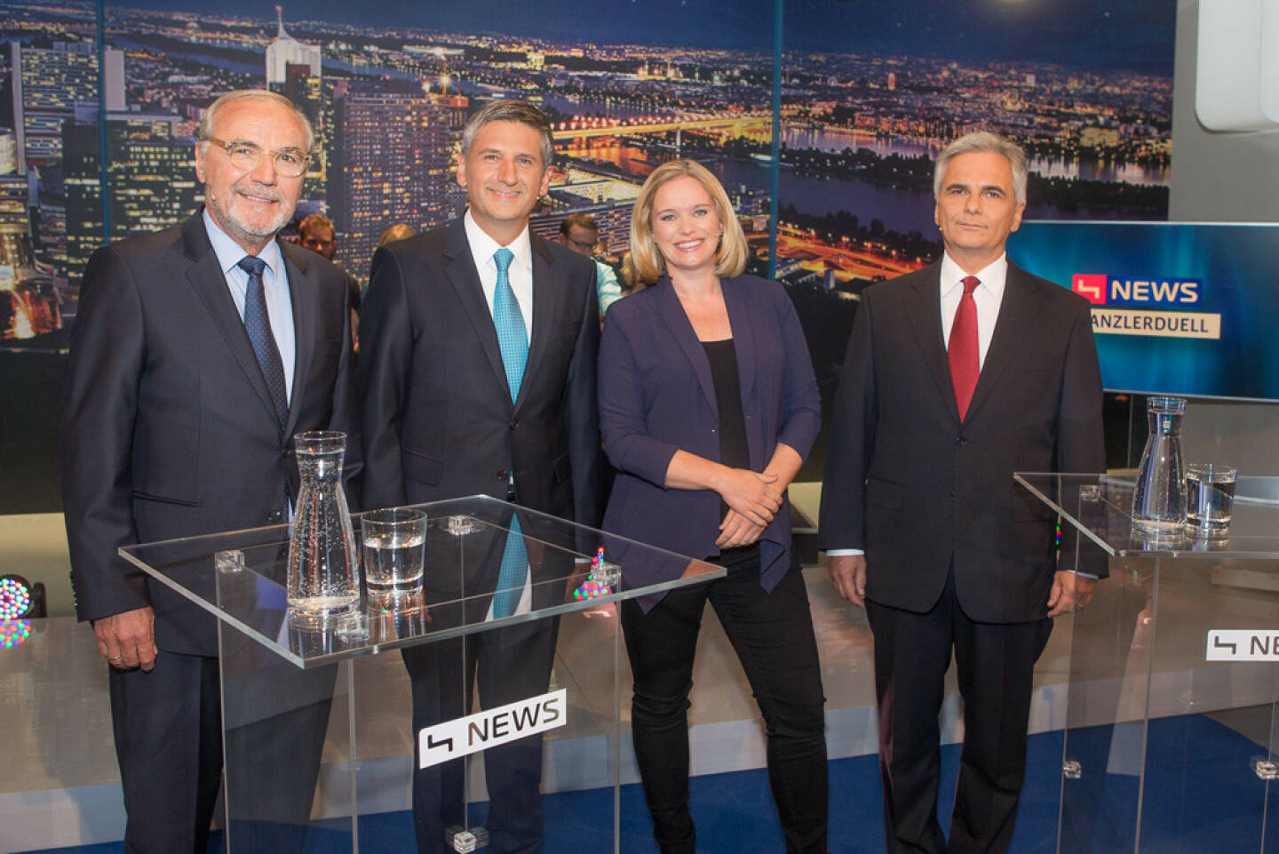 TV-Kanzlerduell auf puls4: Peter Rabl, Michael Spindelegger, Corinna Milborn, Werner Faymann (Bild: Christian Mikes)