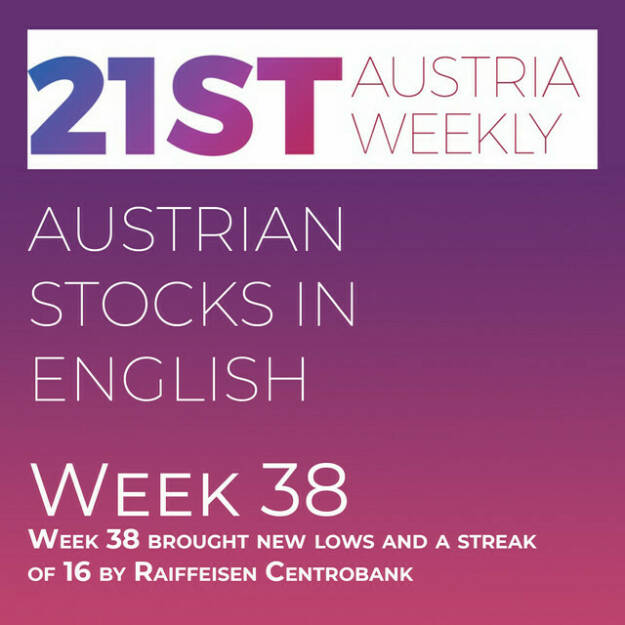 https://open.spotify.com/episode/5K4c6Ro3uNU78T974tL9jA
Austrian Stocks in English: Week 38 brought new lows and a streak of 16 by Raiffeisen Centrobank - <p>Welcome to &#34;Austrian Stocks in English - presented by Palfinger&#34;, the new and weekly english spoken Summary for the Austrian Stock Market, positioned every Sunday in the mostly german languaged Podcast &#34; Christian Drastil - Wiener Börse, Sport Musik und Mehr“  Week 38 was another brutal week for our ATX TR, which lost 6,28 percent and closed on Friday at 5763 points, a new low for 2022.  News came from Frequentis, Pierer Mobility (2), Lenzing, Immofinanz, Andritz, Wienerberger, Agrana, Wolftank and OMV. And: For the 16th time in a row, Raiffeisen Centrobank was the overall winner of the annual Certificates Award Austria. <br/>Next week starts our 13th Stock Market Tournament with the Qualifying, adding our new Partner Amag and Aventa to the Roster.</p> (25.09.2022) 