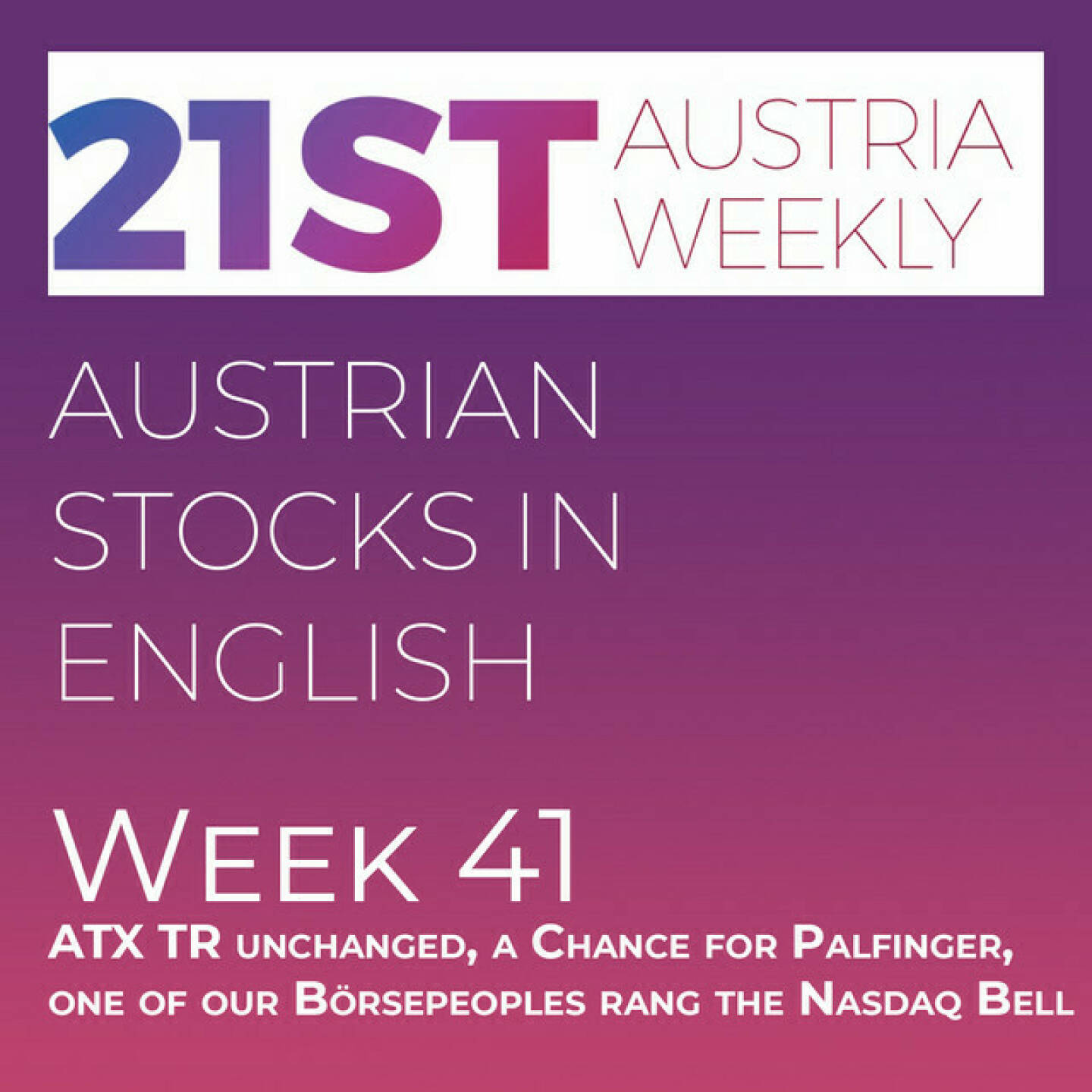 https://open.spotify.com/episode/2x62YLaENzSocl72JbbTdw
Austrian Stocks in English: ATX TR unchanged, a Chance for Palfinger,  one of our Börsepeoples rang the Nasdaq Bell - Welcome to &#34;Austrian Stocks in English - presented by Palfinger&#34;, the new and weekly english spoken Summary for the Austrian Stock Market, positioned every Sunday in the mostly german languaged Podcast &#34; Christian Drastil - Wiener Börse, Sport Musik und Mehr“ . In Week 41 we saw a sell off in the first half of the week and a comeback in the second half: ATX TR was finally unchanged at roundabout 5800 points.<br/>These are the best-performers this week: Warimpex 21,21% in front of Frequentis 10% and DO&amp;CO 6,35%. And the following stocks performed worst: SBO -7,02% in front of Lenzing -5,96% and Verbund -5,89%.<br/>And these are the last 8 of our 13th Stock Market Tournament: Uniqa vs. Do&amp;Co, Valneva vs. Mayr-Melnhof, VIG vs. RBI, Telekom Austria vs. Palfinger. In case of winning the whole tournament, Palfinger as a former two-time Winner has the Chance to secure the trophy forever. Watch http://www.boerse-social.com/tournament . And: Tobias Deml, one of our http://www.boersenradio.at/people and filmer of &#34;Gaming Wall Street“, this week rang the Opening Bell for a trading Session at the Nasdaq. News came from Marinomed, OMV, UBM, Strabag, Vienna Airport, Agrana, Mayr-Melnhof and Andritz, spoken by the absolutely smart Allison.