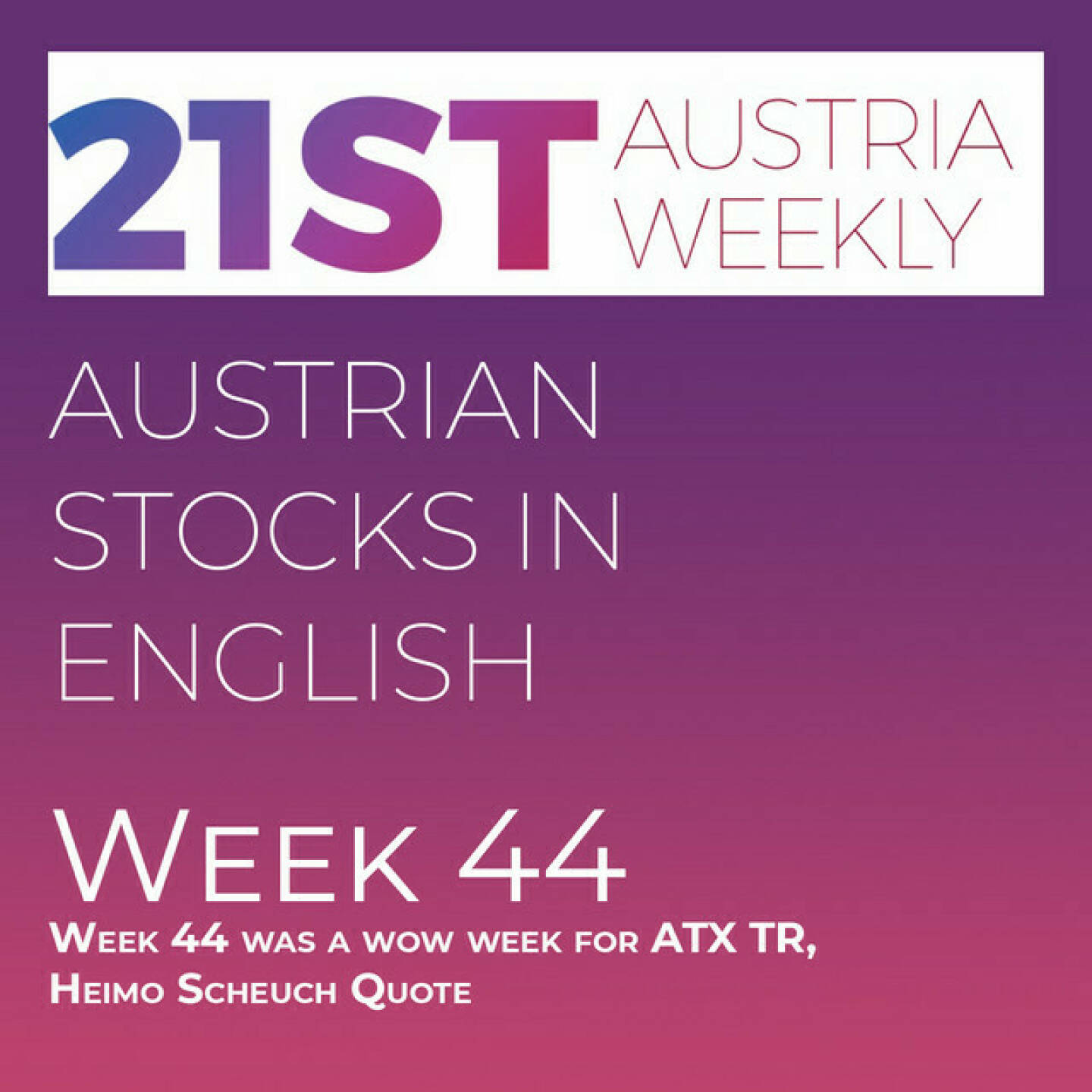 https://open.spotify.com/episode/2lHxQZLqkcV25bDPp7YhfH
Austrian Stocks in English: Week 44 was a wow week for ATX TR, Heimo Scheuch Quote - Welcome to &#34;Austrian Stocks in English - presented by Palfinger&#34;, the new and weekly english spoken Summary for the Austrian Stock Market, positioned every Sunday in the mostly german languaged Podcast &#34; Christian Drastil - Wiener Börse, Sport Musik und Mehr“ . <br/>Week 44 was another wow week for ATX TR, which went up 5.4 percent. On Friday ATX TR climbed nearly 300 Points, the seventh biggest gain in the History of the Index. Lenzing made 17 percent plus and the whole thing only on Friday. Uniqa is now 9 days in a row up and egalized a Bawag row with 9 days, the best series this year so far. Heimo Scheuch, CEO of Wienerberger, did a nice sidestep in his own podcast, which I will feature in the shownotes<br/>News came from CA Immo, OMV, Lenzing, ams Osram, Andritz (3), Immofinanz, Mayr-Melnhof, Verbund, AT&amp;S, RBI, Kontron, Pierer Mobility, Apeiron and Erste Group. And these news are spoken now by the absolutely smart Alison. <br/>Heimo Scheuch: https://audio-cd.at/page/playlist/2676/heimo_scheuch_podcast_episode_#21:_ceo_ask_me_anything__part_2-3_-_culture_and_diversity_at_wienerberger<br/>Please rate my Podcast on Apple Podcasts (or Spotify): https://podcasts.apple.com/at/podcast/christian-drastil-wiener-borse-sport-musik-und-mehr-my-life/id1484919130 .