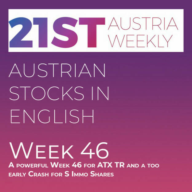 https://open.spotify.com/episode/3E6LYXJfckO8WzoHG97B55
Austrian Stocks in English: A powerful Week 46 for ATX TR and a too early Crash for S Immo Shares - Welcome to &#34;Austrian Stocks in English - presented by Palfinger&#34;, the new and weekly english spoken Summary for the Austrian Stock Market, positioned every Sunday in the mostly german languaged Podcast &#34; Christian Drastil - Wiener Börse, Sport Musik und Mehr“ . <br/>Week 46 was again a good week for ATX TR which gained 0,68 percent and closed above 6800. The best stock was Marinomed.<br/>The 20 percent fall of S Immo shares started long before the additional acceptance period for the CPI Property offer ended. The end was defined by the Austrian Takeover Commission at Friday 5 pm. <br/>News came from Wienerberger, Kapch TrafficCom (2), Rosenbauer, Vienna Insurance Group, Strabag, Semperit, DO &amp; CO, Vienna Airport, Uniqa and Frauenthal Group and are spoken by Allison.<br/>Please rate my Podcast on Apple Podcasts (or Spotify): https://podcasts.apple.com/at/podcast/christian-drastil-wiener-borse-sport-musik-und-mehr-my-life/id1484919130 . (20.11.2022) 