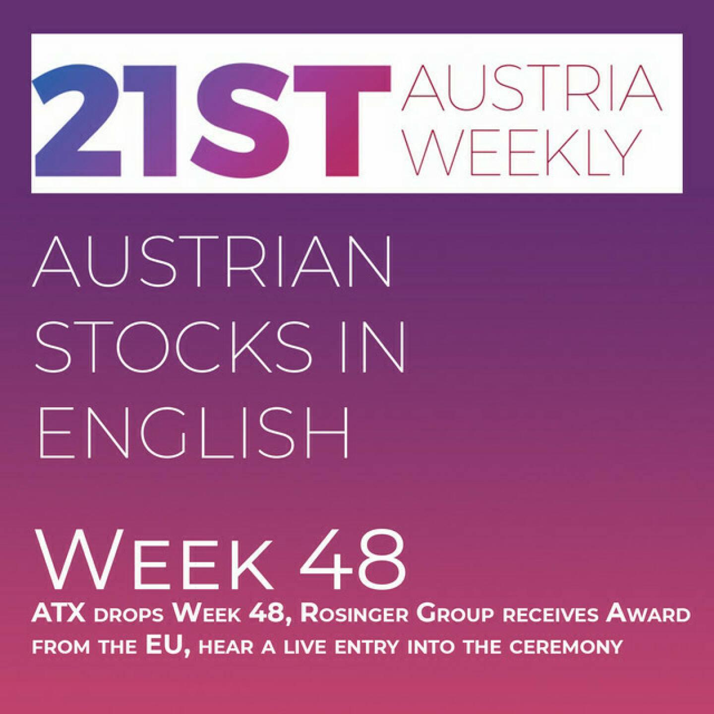 https://open.spotify.com/episode/6mzT7t1ICbIDNxAlUuTWqG
Austrian Stocks in English: ATX drops Week 48, Rosinger Group receives Award from the EU, hear a live entry into the ceremony - Welcome to &#34;Austrian Stocks in English - presented by Palfinger&#34;, the new and weekly english spoken Summary for the Austrian Stock Market, positioned every Sunday in the mostly german languaged Podcast &#34; Christian Drastil - Wiener Börse, Sport Musik und Mehr“ . <br/>After a series of strong weeks ATX TR dropped in week 48 about 1,8 percent. Best Austrian Stocks were Warimpex, Frequentis and Porr. <br/>A longtime Partner of us, Rosinger Group, wins the Special Mention Award form European Commission, Federation of European Securities Exchanges (FESE) and European Issuers. We have a live from entry from the ceremony.<br/>News came from S Immo, Porr, Wolford (2), Agrana, Warimpex, Andritz (3), VIG (2), FACC, Palfinger, Valneva, ams Osram and Kapsch TrafficCom . Spoken now by the absolutely smart Allison. <br/>Please rate my Podcast on Apple Podcasts (or Spotify): https://podcasts.apple.com/at/podcast/christian-drastil-wiener-borse-sport-musik-und-mehr-my-life/id1484919130 . And please spread the word : https://www.boerse-social.com/21staustria - the address to subscribe to the weekly summary as a PDF.