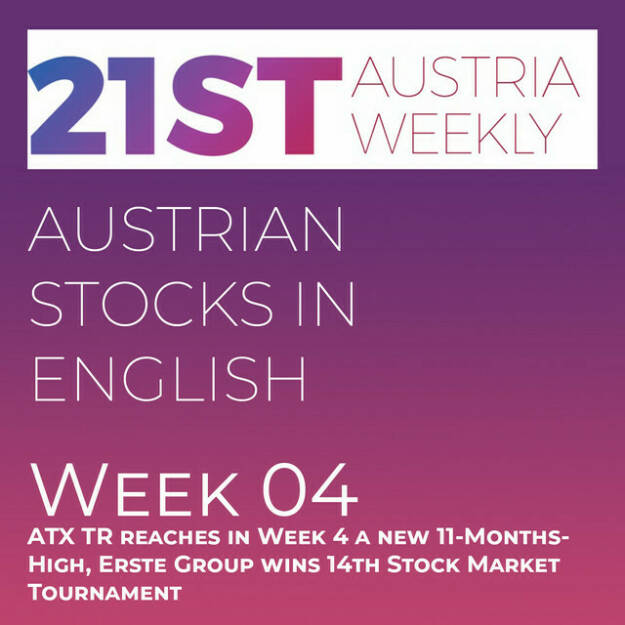 https://open.spotify.com/episode/4lKt90ElclypHY5DfmNnOn
Austrian Stocks in English: ATX TR reaches in Week 4 a new 11-Months-High, Erste Group wins 14th Stock Market Tournament - <p>Welcome  to &#34;Austrian Stocks in English - presented by Palfinger&#34;, the english spoken weekly Summary for the Austrian Stock Market,  positioned every Sunday in the mostly german languaged Podcast &#34;Audio-CD.at Indie Podcasts&#34;- Wiener Börse, Sport Musik und Mehr“ . <br/><br/>This script is based on our 21st Austria weekly and in week 4 we again saw a strong ATX TR, which went 2,28 percent up to 7116,79 points, the highest level since 11 Months. Bestperformers were RHI Magnesita and EVN. The Winner of the 14th Stock Market Tournament was Erste Group, News came from Pierer Mobility, S Immo, Immofinanz, Andritz, Wolftank, Gropyus, Rosenbauer, UBM, Porr, Fabasoft, Zumtobel and Austriacard, spoken by the absolutely smart Alison.<br/><br/><a href=http://www.boerse-social.com/tournament target=_blank>http://www.boerse-social.com/tournament</a><br/><br/>Please rate my Podcast on Apple Podcasts (or Spotify): <a href=https://podcasts.apple.com/at/podcast/audio-cd-at-indie-podcasts-wiener-börse-sport-musik-und-mehr/id1484919130 target=_blank>https://podcasts.apple.com/at/podcast/audio-cd-at-indie-podcasts-wiener-börse-sport-musik-und-mehr/id1484919130</a> .And please spread the word : <a href=https://www.boerse-social.com/21staustria target=_blank>https://www.boerse-social.com/21staustria</a> - the address to subscribe to the weekly summary as a PDF.</p> (29.01.2023) 