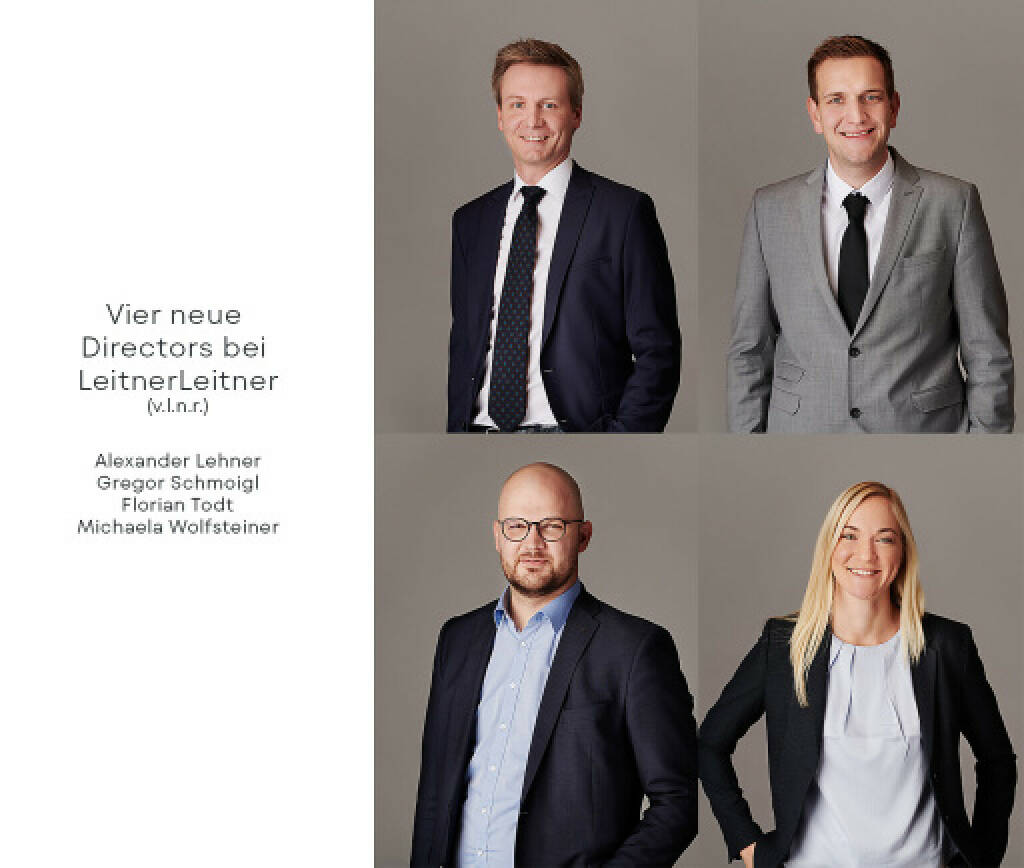 Vier neue Directors bei LeitnerLeitner: Alexander Lehner, Gregor Schmoigl, Florian Todt, Michaela Wolfsteiner; Credit: Michael Königshofer (01.02.2023)