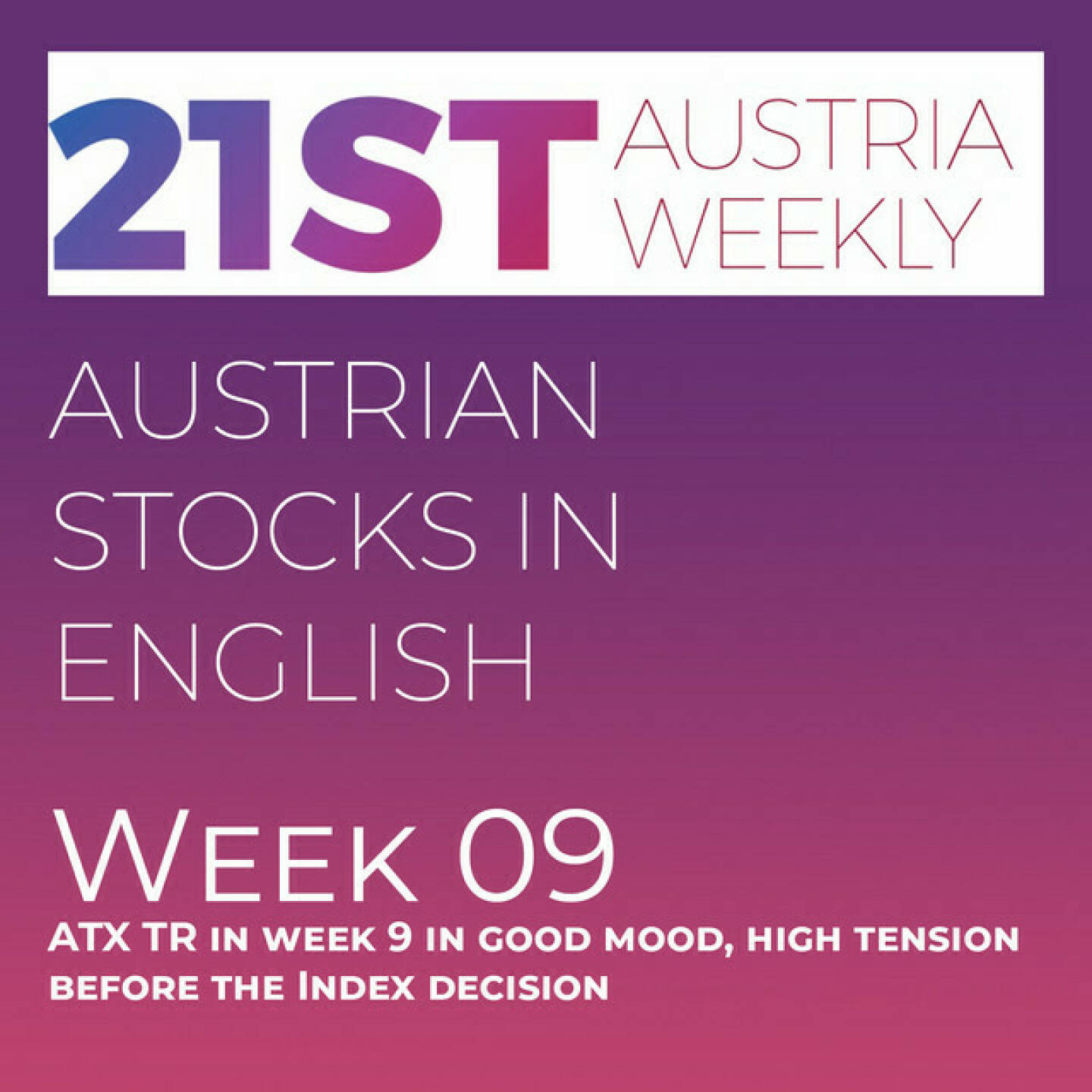 https://open.spotify.com/episode/5MKdw5N1IorNF9L5ATfNEw
Austrian Stocks in English: ATX TR in week 9 in good mood, high tension before the Index decision - <p>Welcome  to &#34;Austrian Stocks in English - presented by Palfinger&#34;, the english spoken weekly Summary for the Austrian Stock Market,  positioned every Sunday in the mostly german languaged Podcast &#34;Audio-CD.at Indie Podcasts&#34;- Wiener Börse, Sport Musik und Mehr“ .<br/><br/>The following script is based on our 21st Austria weekly and in Week 9 we saw another good week for the Austrian Stock Market, ATX TR gained 2,43 percent.  <br/><br/>Based on the February ATX watchlist, Erste Group mentioned that S Immo could eventually replace Strabag in the ATX as it has surpassed Strabag by trading volume and also again lists among the top 25 Austrian companies in terms of free float market cap. <br/><br/>For the ATX five Erste Group does not expect any change, as voestalpine surpassed Andritz only by a tiny margin based on the average free float market cap for February.  voestalpine finished January and also February as the best performing Member in the ATX. <br/><br/>News came from Wienerberger, RHI Magnesita, OMV, Erste Group, Porr, Vienna Airport, ams Osram, Semperit, Uniqa, Valneva and UBM, spoken by the absolutely smart Alison. <br/><br/>Please rate my Podcast on Apple Podcasts (or Spotify): <a href=https://podcasts.apple.com/at/podcast/audio-cd-at-indie-podcasts-wiener-boerse-sport-musik-und-mehr/id1484919130 target=_blank>https://podcasts.apple.com/at/podcast/audio-cd-at-indie-podcasts-wiener-boerse-sport-musik-und-mehr/id1484919130</a> .And please spread the word : <a href=https://www.boerse-social.com/21staustria target=_blank>https://www.boerse-social.com/21staustria</a> - the address to subscribe to the weekly summary as a PDF.</p>