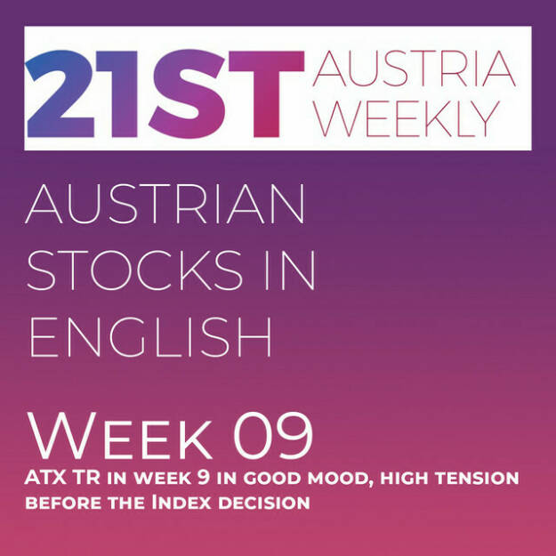 https://open.spotify.com/episode/5MKdw5N1IorNF9L5ATfNEw
Austrian Stocks in English: ATX TR in week 9 in good mood, high tension before the Index decision - <p>Welcome  to &#34;Austrian Stocks in English - presented by Palfinger&#34;, the english spoken weekly Summary for the Austrian Stock Market,  positioned every Sunday in the mostly german languaged Podcast &#34;Audio-CD.at Indie Podcasts&#34;- Wiener Börse, Sport Musik und Mehr“ .<br/><br/>The following script is based on our 21st Austria weekly and in Week 9 we saw another good week for the Austrian Stock Market, ATX TR gained 2,43 percent.  <br/><br/>Based on the February ATX watchlist, Erste Group mentioned that S Immo could eventually replace Strabag in the ATX as it has surpassed Strabag by trading volume and also again lists among the top 25 Austrian companies in terms of free float market cap. <br/><br/>For the ATX five Erste Group does not expect any change, as voestalpine surpassed Andritz only by a tiny margin based on the average free float market cap for February.  voestalpine finished January and also February as the best performing Member in the ATX. <br/><br/>News came from Wienerberger, RHI Magnesita, OMV, Erste Group, Porr, Vienna Airport, ams Osram, Semperit, Uniqa, Valneva and UBM, spoken by the absolutely smart Alison. <br/><br/>Please rate my Podcast on Apple Podcasts (or Spotify): <a href=https://podcasts.apple.com/at/podcast/audio-cd-at-indie-podcasts-wiener-boerse-sport-musik-und-mehr/id1484919130 target=_blank>https://podcasts.apple.com/at/podcast/audio-cd-at-indie-podcasts-wiener-boerse-sport-musik-und-mehr/id1484919130</a> .And please spread the word : <a href=https://www.boerse-social.com/21staustria target=_blank>https://www.boerse-social.com/21staustria</a> - the address to subscribe to the weekly summary as a PDF.</p> (05.03.2023) 