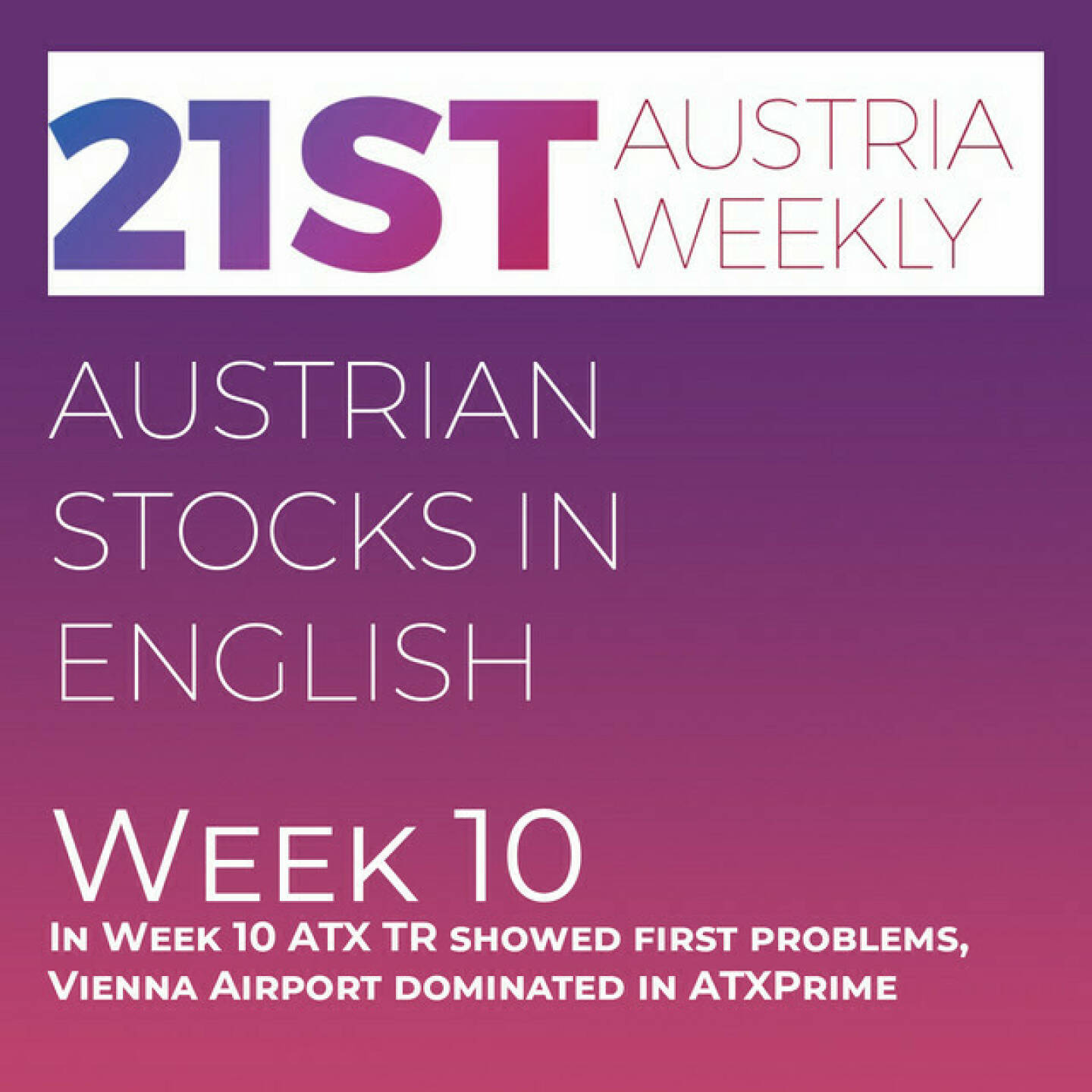https://open.spotify.com/episode/5XkvU4AJ4SEKDAwGEhYCp5
Austrian Stocks in English: In Week 10 ATX TR showed first problems, Vienna Airport dominated in ATXPrime - <p>Welcome  to &#34;Austrian Stocks in English - presented by Palfinger&#34;, the english spoken weekly Summary for the Austrian Stock Market,  positioned every Sunday in the mostly german languaged Podcast &#34;Audio-CD.at Indie Podcasts&#34;- Wiener Börse, Sport Musik und Mehr“ .<br/><br/>The following script is based on our 21st Austria weekly and in Week 10 ATX TR went lower, losing 2,66 percent to 7274 points. Stocks of Vienna Airport were best in ATXprime, leaving the IFM Offer behind. News came from Vienna Stock Exchange, AT&amp;S, A1 Group, Andritz, Zumtobel, Frequentis, Addiko, Palfinger, Lenzing, voestalpine and Frequentis. These News are spoken by the absolutely smart Alison. <br/><br/>Please rate my Podcast on Apple Podcasts (or Spotify): <a href=https://podcasts.apple.com/at/podcast/audio-cd-at-indie-podcasts-wiener-boerse-sport-musik-und-mehr/id1484919130 target=_blank>https://podcasts.apple.com/at/podcast/audio-cd-at-indie-podcasts-wiener-boerse-sport-musik-und-mehr/id1484919130</a> .And please spread the word : <a href=https://www.boerse-social.com/21staustria target=_blank>https://www.boerse-social.com/21staustria</a> - the address to subscribe to the weekly summary as a PDF.</p>