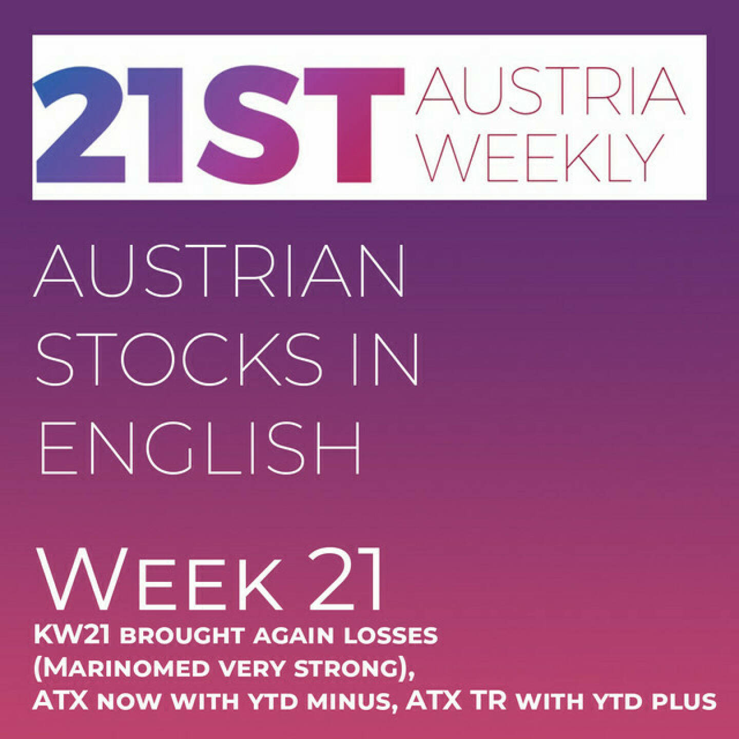 https://open.spotify.com/episode/4KKl5EyWvTmC0L157flQTA
Austrian Stocks in English: KW21 brought again losses (Marinomed very strong), ATX now with ytd minus, ATX TR with ytd plus - <p>Welcome  to &#34;Austrian Stocks in English - presented by Palfinger&#34;, the english spoken weekly Summary for the Austrian Stock Market,  positioned every Sunday in the mostly german languaged Podcast &#34;Audio-CD.at Indie Podcasts&#34;- Wiener Börse, Sport Musik und Mehr“ .<br/><br/>The following script is based on our 21st Austria weekly and week 21 was another lower week for ATX TR, which lost -2.24 percent. ATX TR is now year to date at 1,85 percent plus, while the ATX without dividends has a loss of 1,18 percent year to date. Best performers came from the second row: Marinomed gained 19 percent. News came from Palfinger, Marinomed, Zumtobel, CA Immo (2), SBO, Porr, Lenzing, EVN, UBM, Immofinanz, S Immo and Uniqa,, spoken by the absolutely smart Alison. <br/><br/><a href=https://boerse-social.com/21staustria target=_blank>https://boerse-social.com/21staustria</a><br/><br/>Please rate my Podcast on Apple Podcasts (or Spotify): <a href=https://podcasts.apple.com/at/podcast/audio-cd-at-indie-podcasts-wiener-boerse-sport-musik-und-mehr/id1484919130 target=_blank>https://podcasts.apple.com/at/podcast/audio-cd-at-indie-podcasts-wiener-boerse-sport-musik-und-mehr/id1484919130</a> .And please spread the word : <a href=https://www.boerse-social.com/21staustria target=_blank>https://www.boerse-social.com/21staustria</a> - the address to subscribe to the weekly summary as a PDF.</p>